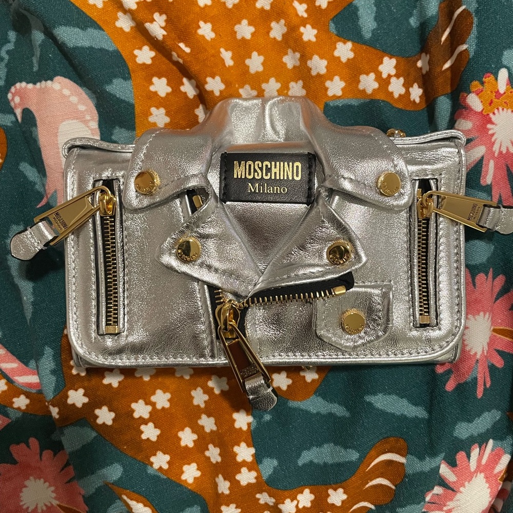 Moschino Moto Biker Metallic Leather Wallet on a Chain in Nickel